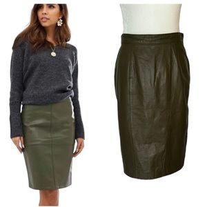 Lord & Taylor Vintage Olive Green Leather Midi Pencil Skirt - 10